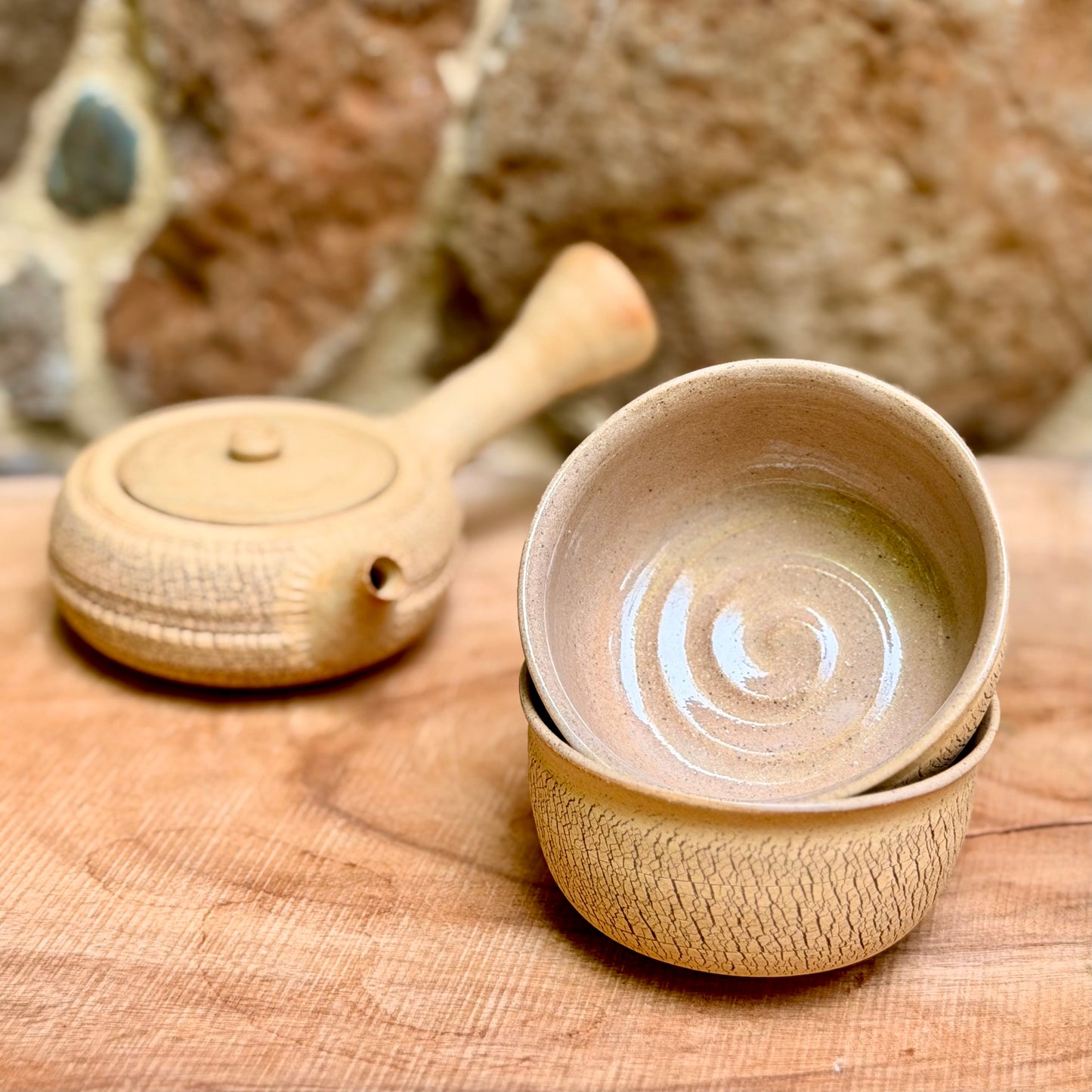 Bark texture side-handle & 2bowl set
